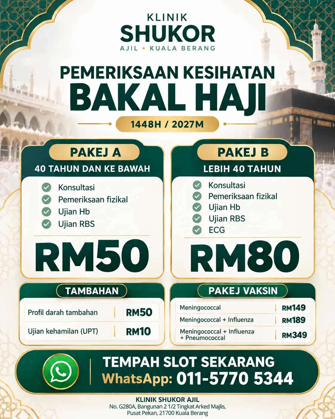 Poster Pemeriksaan Kesihatan Bakal Haji 1448H 2027M di Klinik Shukor Ajil